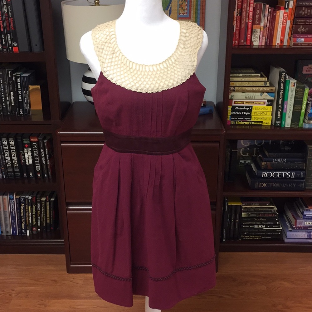 Anthropologie Burgundy Lace Trim Dress